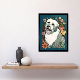 "Artery8 Wall Art Print English Sheepdog with Multicolour Daisies Bright Flowers Modern Art Framed in Black - Size: W12"" x H16""" - thumbnail 2