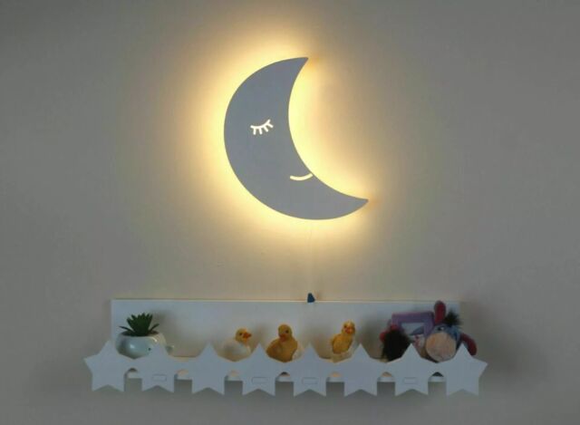 Marco Paul Kids Moon Night Light Bedroom Baby Nursery Decor White Wooden Wall Lamp Gift - image 1
