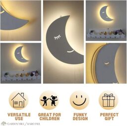 Marco Paul Kids Moon Night Light Bedroom Baby Nursery Decor White Wooden Wall Lamp Gift - thumbnail 4