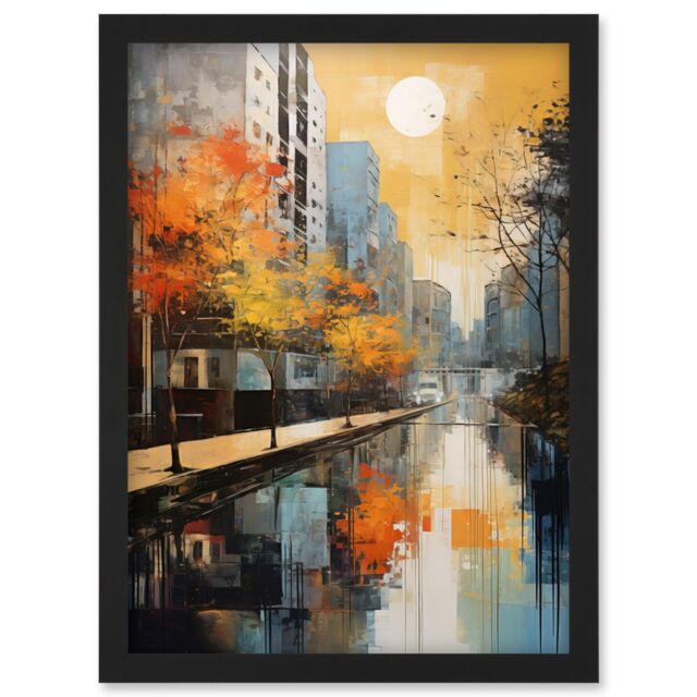 Artery8 Wall Art Print Cityscape River Canal Oil Painting Blue Orange Trees Autumn in the City Artwork Framed A4 in Black - image 1