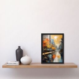 Artery8 Wall Art Print Cityscape River Canal Oil Painting Blue Orange Trees Autumn in the City Artwork Framed A4 in Black - thumbnail 2