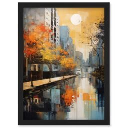 Artery8 Wall Art Print Cityscape River Canal Oil Painting Blue Orange Trees Autumn in the City Artwork Framed A4 in Black - thumbnail 1