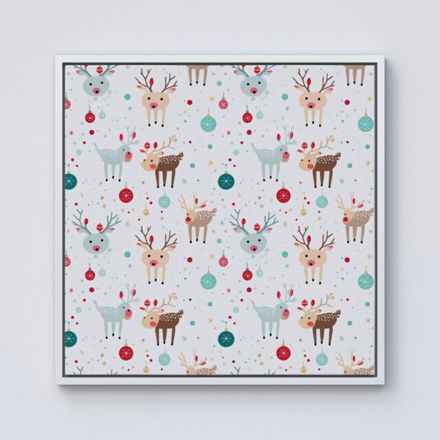 Warren Reed - Designer Happy Reindeer With Christmas Lights Framed Canvas in Off-White - Size: w40 inch x h40 inch - image 1
