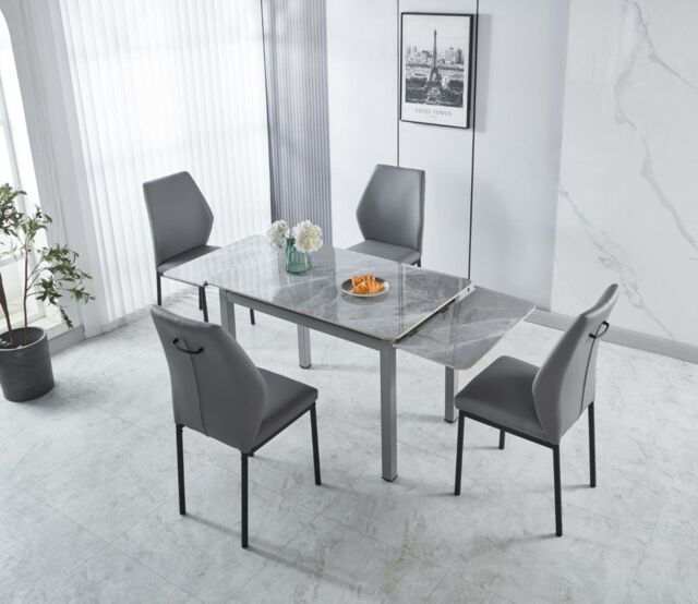 Modernique Sintere Stone Top Extending Table & 4 Faux Leather Chairs Dining Set in Grey - image 1