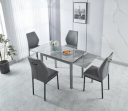 Modernique Sintere Stone Top Extending Table & 4 Faux Leather Chairs Dining Set in Grey - thumbnail 1