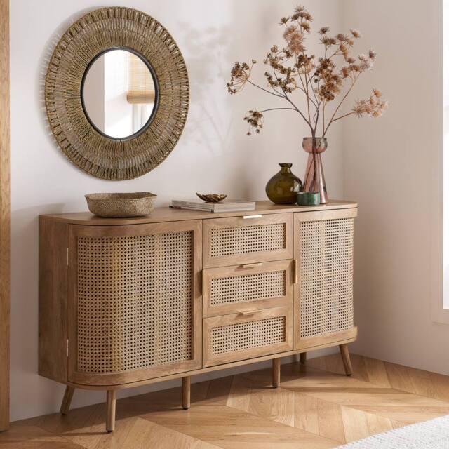 Birlea 2 Door 3 Drawer Rattan Sideboard Curved Cupboard Sark Storage Cabinet in Beige - image 1