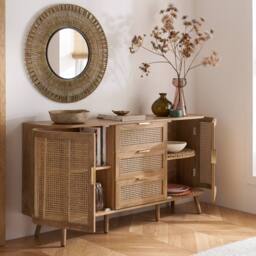 Birlea 2 Door 3 Drawer Rattan Sideboard Curved Cupboard Sark Storage Cabinet in Beige - thumbnail 2