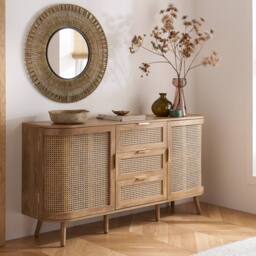 Birlea 2 Door 3 Drawer Rattan Sideboard Curved Cupboard Sark Storage Cabinet in Beige - thumbnail 1