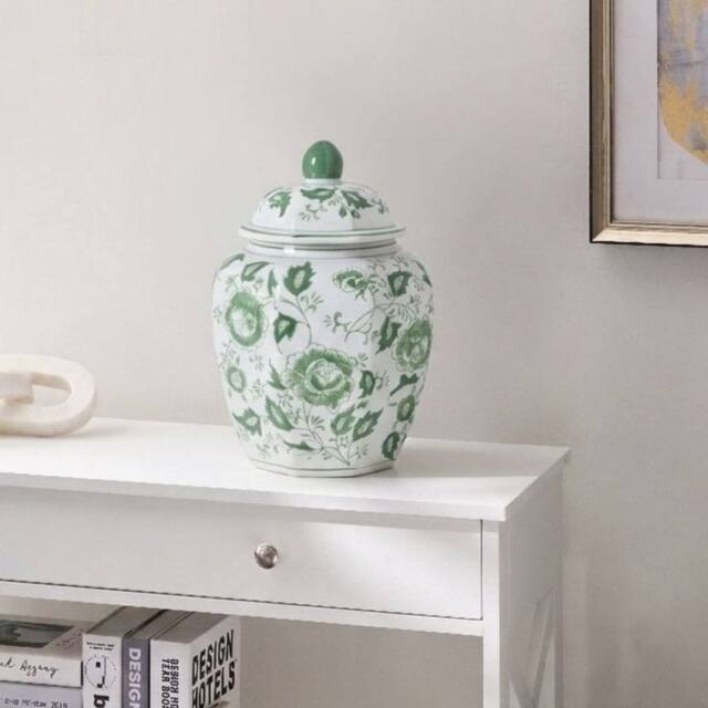 Wyld and Coco Heritage Porcelain Lidded Ginger Jar Vase White and Sage Green Floral - image 1