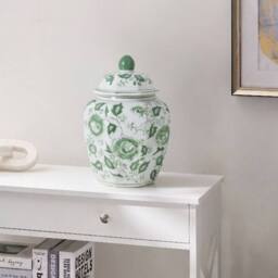 Wyld and Coco Heritage Porcelain Lidded Ginger Jar Vase White and Sage Green Floral - thumbnail 1