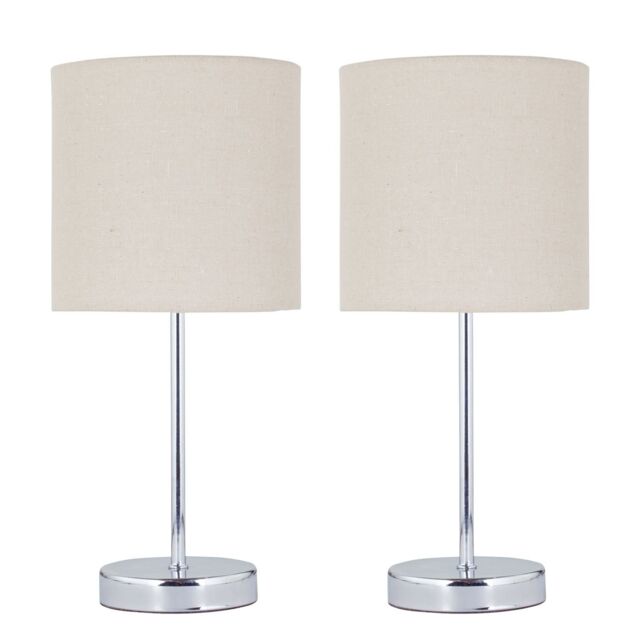 First Choice Lighting Set of 2 Chrome Stick Table Lamps with Natural Linen Shades in Silver - image 1