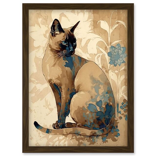 Artery8 Tonkinese Cat with Blue Flower Modern Watercolour Illustration Artwork Framed Wall Art Print A4 in Brown - image 1