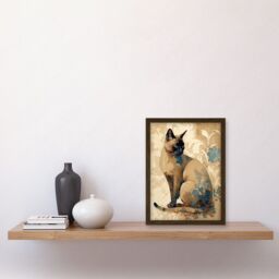 Artery8 Tonkinese Cat with Blue Flower Modern Watercolour Illustration Artwork Framed Wall Art Print A4 in Brown - thumbnail 2