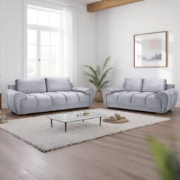 Furnishings For Less UK Zura Grey Fabric Large 3 + 2 Sofa Suite Pillow Back Wooden Legs