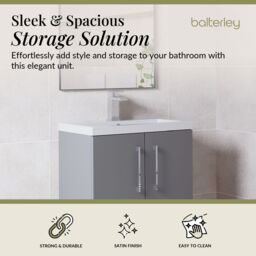 Balterley Bathroom Vanity Basin Unit, Chrome Handles, 600mm, Satin Grey - thumbnail 2
