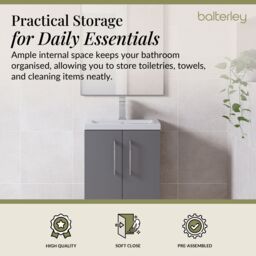 Balterley Bathroom Vanity Basin Unit, Chrome Handles, 600mm, Satin Grey - thumbnail 4