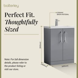 Balterley Bathroom Vanity Basin Unit, Chrome Handles, 600mm, Satin Grey - thumbnail 5