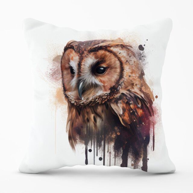 Warren Reed - Designer Tawny Owl Face Splashart Light Background Outdoor Cushion in Brown - Size: 60 cm x 60 cm - image 1