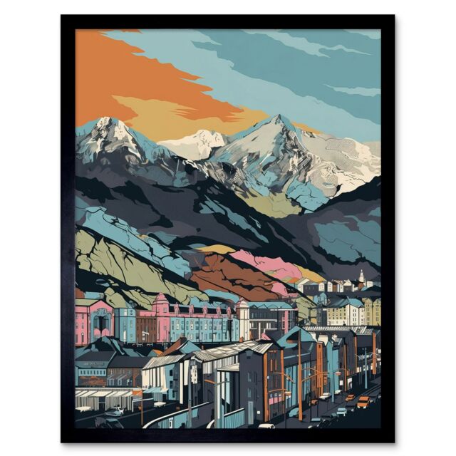 "Artery8 Wall Art Print Cityscape Under Rocky Mountain Range Modern Art Framed in Black - Size: W12"" x H16""" - image 1