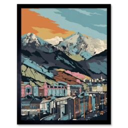"Artery8 Wall Art Print Cityscape Under Rocky Mountain Range Modern Art Framed in Black - Size: W12"" x H16""" - thumbnail 1
