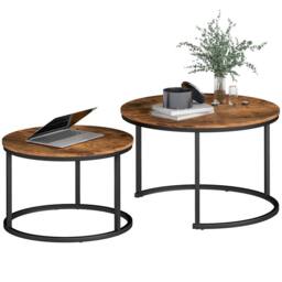 HOMCOM Marble Coffee Table Set of 2, Round Nest of Tables, Rustic Brown - thumbnail 2