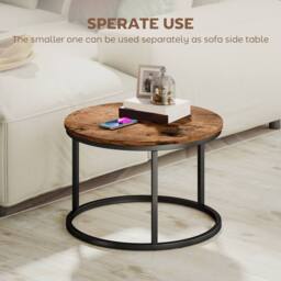 HOMCOM Marble Coffee Table Set of 2, Round Nest of Tables, Rustic Brown - thumbnail 5