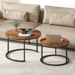 HOMCOM Marble Coffee Table Set of 2, Round Nest of Tables, Rustic Brown