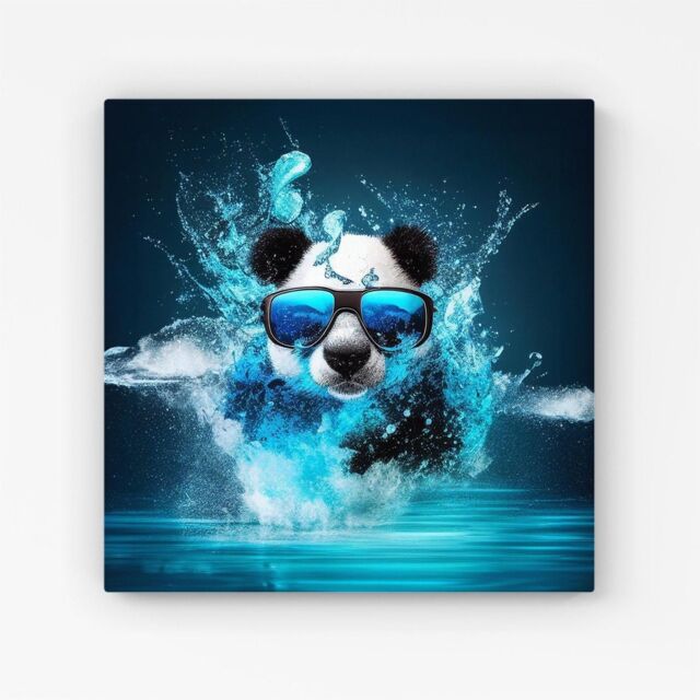Warren Reed - Designer Panda With Glasses Splashart Water Canvas in Blue - Size: w10 inch x h10 inch - image 1
