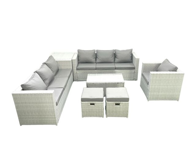 Fimous Wicker PE Rattan Sofa Garden Furniture Set with Armchair Oblong Coffee Table 2 Small Footstools Side Table Light Grey Mixed - image 1