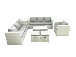 Fimous Wicker PE Rattan Sofa Garden Furniture Set with Armchair Oblong Coffee Table 2 Small Footstools Side Table Light Grey Mixed - thumbnail 2