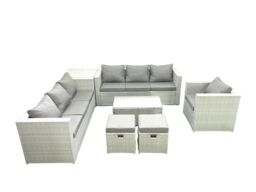 Fimous Wicker PE Rattan Sofa Garden Furniture Set with Armchair Oblong Coffee Table 2 Small Footstools Side Table Light Grey Mixed - thumbnail 1