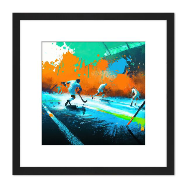 Artery8 Ice Hockey Winter Sport Action Abstract Colourful Oil Painting Square Wooden Framed Wall Art Print Picture 8X8 Inch in Black - image 1
