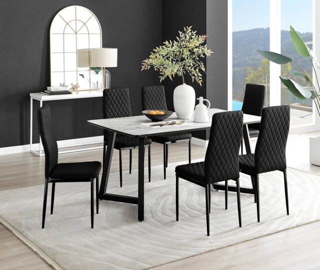 FurnitureboxUK Carson White Marble Effect Dining Table & 6 Velvet Milan Black Leg Chairs - image 1