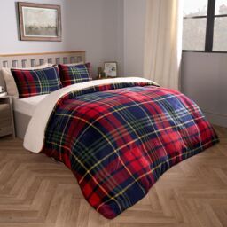 OHS Tartan Fleece Duvet Cover Bedding Set Pillowcase Winter Check Sherpa Soft Set in Red - Size: Double - thumbnail 2