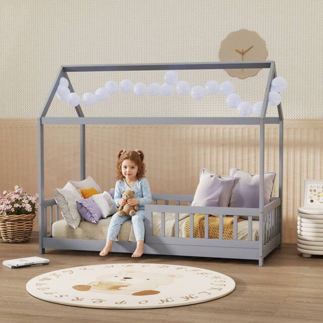 HOMCOM House-Shaped Kids Bed Frame with Guard Rails for Kids in Grey - image 1