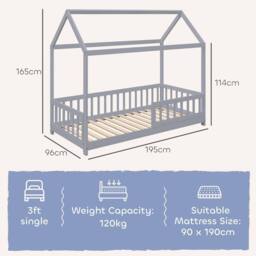 HOMCOM House-Shaped Kids Bed Frame with Guard Rails for Kids in Grey - thumbnail 3