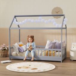 HOMCOM House-Shaped Kids Bed Frame with Guard Rails for Kids in Grey