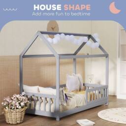 HOMCOM House-Shaped Kids Bed Frame with Guard Rails for Kids in Grey - thumbnail 4