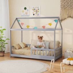 HOMCOM House-Shaped Kids Bed Frame with Guard Rails for Kids in Grey - thumbnail 2