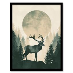 Artery8 Wall Art Print Full Moon Forest Hill Stag Grey Green Design Art Framed Poster in Black - Size: A4 - thumbnail 1