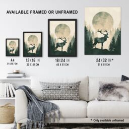 Artery8 Wall Art Print Full Moon Forest Hill Stag Grey Green Design Art Framed Poster in Black - Size: A4 - thumbnail 3