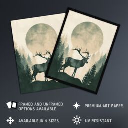 Artery8 Wall Art Print Full Moon Forest Hill Stag Grey Green Design Art Framed Poster in Black - Size: A4 - thumbnail 2