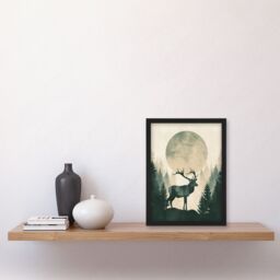 Artery8 Wall Art Print Full Moon Forest Hill Stag Grey Green Design Art Framed Poster in Black - Size: A4 - thumbnail 4