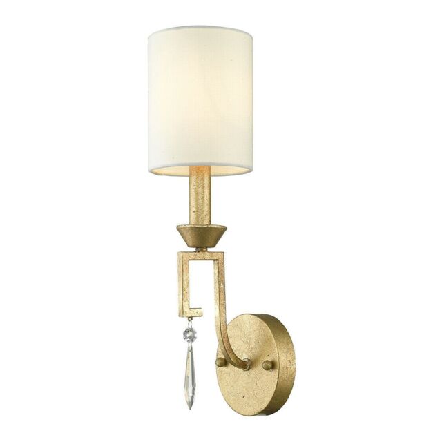 Loops Wall Light Grecian Key Motif Ivory White Linen Shade Distressed Gold LED E14 60W