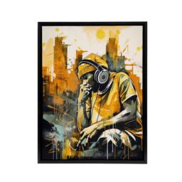 "Artery8 City Skyline & Young Man With Headphones Framed Canvas Wall Art Print in Yellow - Size: W12"" x H16""" - thumbnail 1