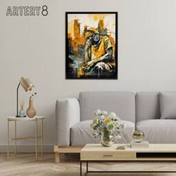 "Artery8 City Skyline & Young Man With Headphones Framed Canvas Wall Art Print in Yellow - Size: W12"" x H16""" - thumbnail 3