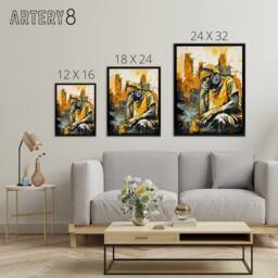 "Artery8 City Skyline & Young Man With Headphones Framed Canvas Wall Art Print in Yellow - Size: W12"" x H16""" - thumbnail 4