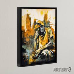 "Artery8 City Skyline & Young Man With Headphones Framed Canvas Wall Art Print in Yellow - Size: W12"" x H16""" - thumbnail 2
