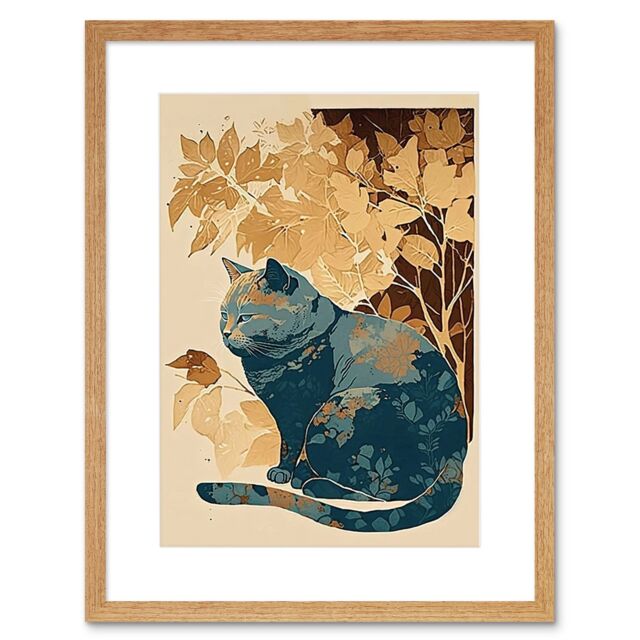 "Artery8 Wall Art Print Cat by Countryside Shrub Bush in Autumn Modern Linocut Artwork Framed 9X7 Inch in Beige - Size: W7"" x H9""" - image 1
