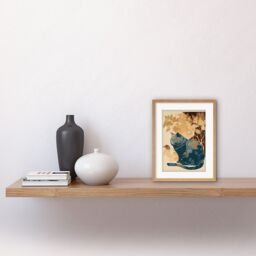 "Artery8 Wall Art Print Cat by Countryside Shrub Bush in Autumn Modern Linocut Artwork Framed 9X7 Inch in Beige - Size: W7"" x H9""" - thumbnail 2
